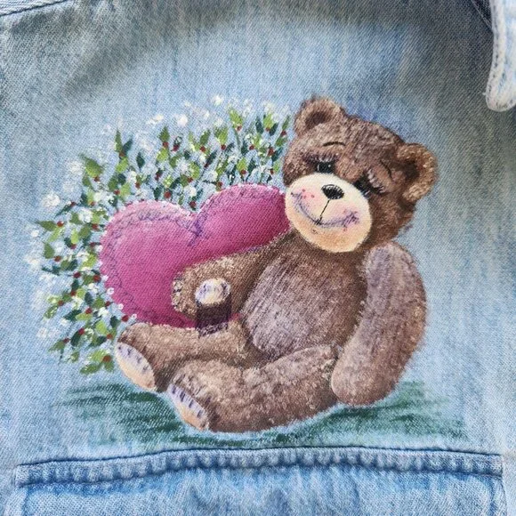 Vintage Denim Shirt Teddy Bear Floral Short Sleeve Spring Summer Cute Teddy Core - Picture 3 of 13